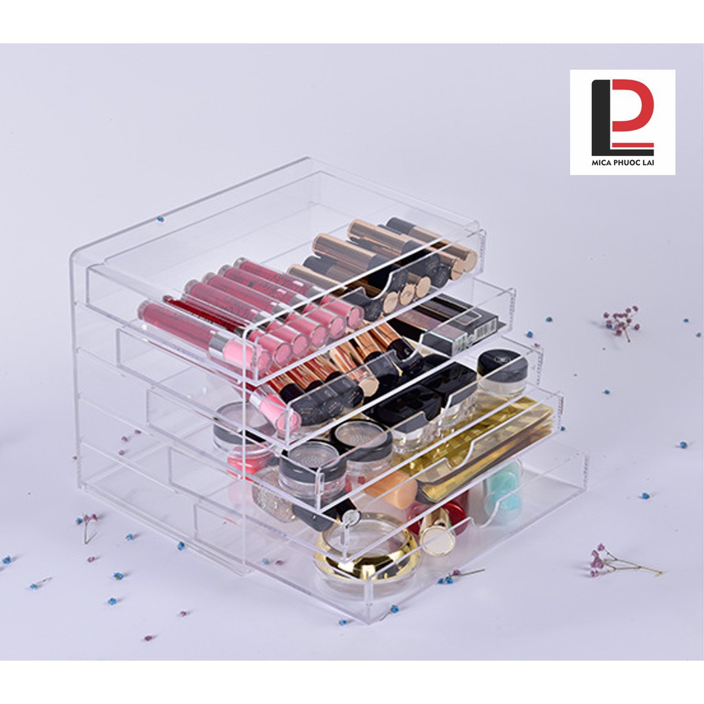 Hộp mica trưng bày mỹ phẩm cao cấp/ Hộp 5 ngăn kéo chống bụi