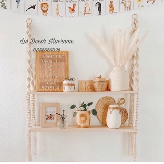 [Giá ưu đãi] Kệ Gỗ thông Treo Tường Macrame 2 Tầng Gỗ Thông