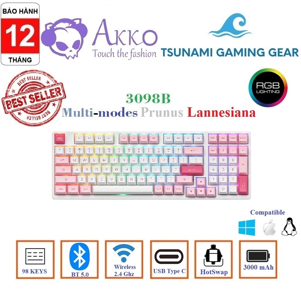 [Mã SKAMSALE03 giảm 10% đơn 200k] Phím cơ không dây AKKO 3098B Multi-modes Prunus Lannesiana BT 5.0/ Wireless 2.4Ghz