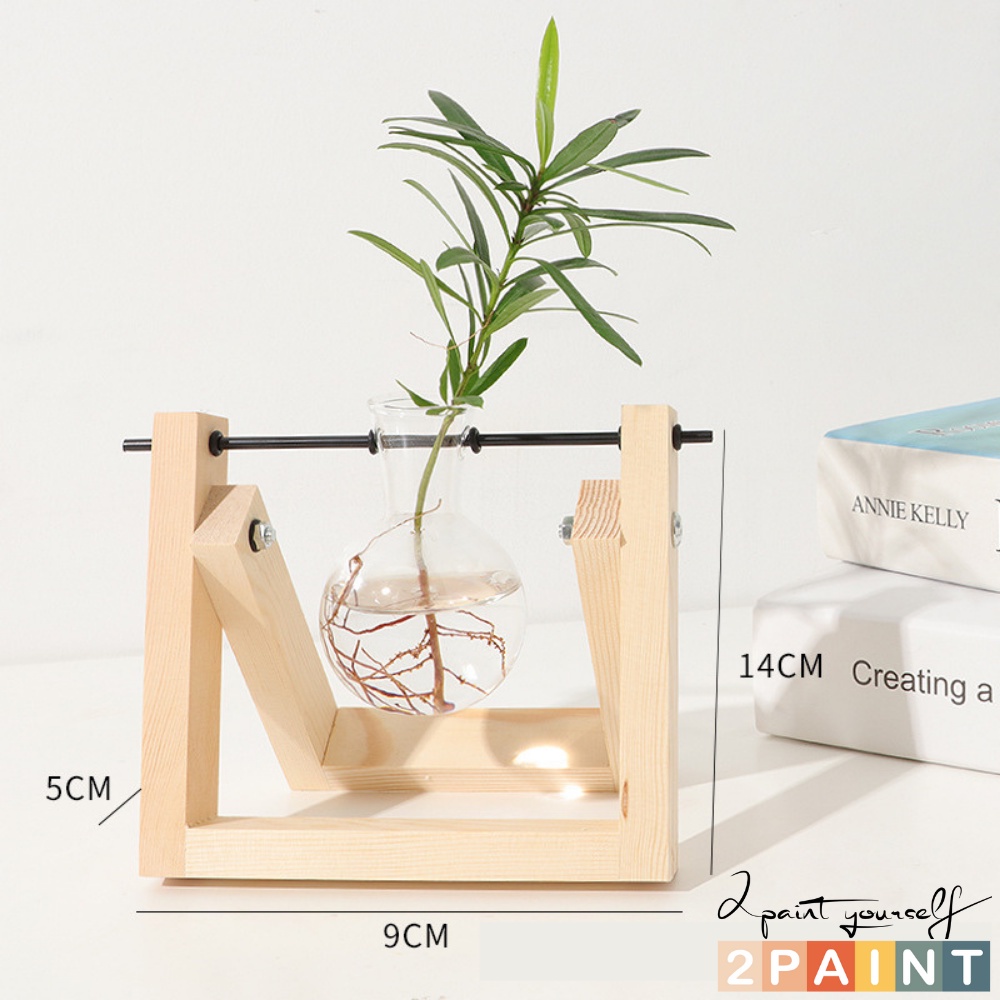 Lọ thủy tinh trồng cây thủy canh đế gỗ, decor trang trí để bàn 2Paint