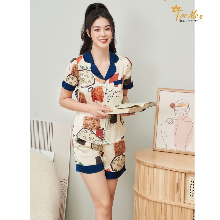 Bộ mặc nhà lụa giấy luxury cao cấp dáng đùi họa tiết Khuê Lam 09, forme pijamas