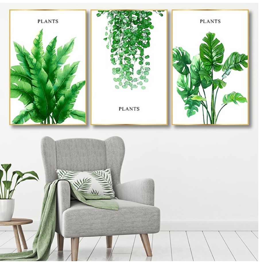 Bộ 3 tranh canvas treo tường Lala chủ đề lá xanh tươi mát trang trí phòng khách, phòng ngủ kèm đinh 3 chân đa năng