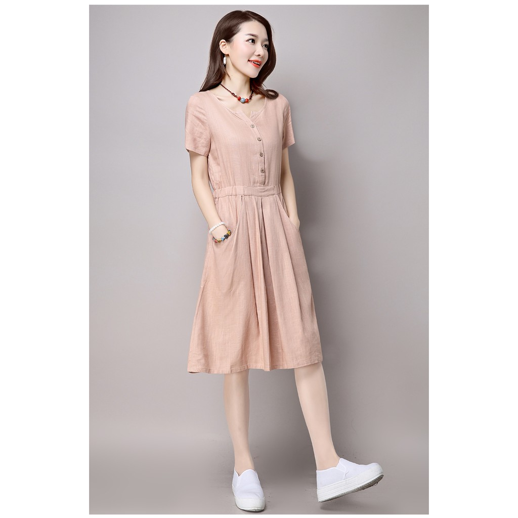 ĐẦM SUÔNG CHUN EO PHỐI TÚI CHÉO - DS116