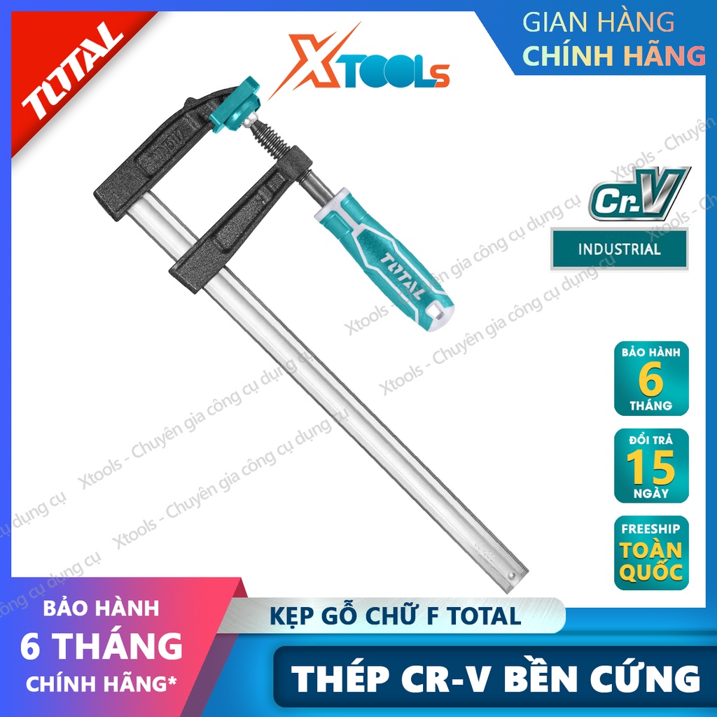 Kẹp gỗ chữ F TOTAL chất liệu thép Cr-V cao cấp, chống rỉ sét cong vênh trong quá trình sử dụng, thiết kế thông minh