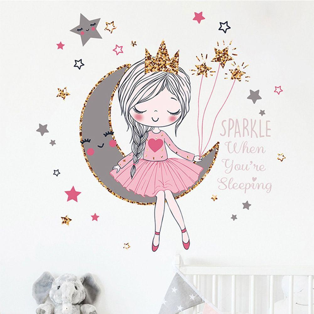 Sticker Dán Tường Chống Nấm Mốc Họa Tiết Trăng Sao Trang Trí Phòng Bé Gái