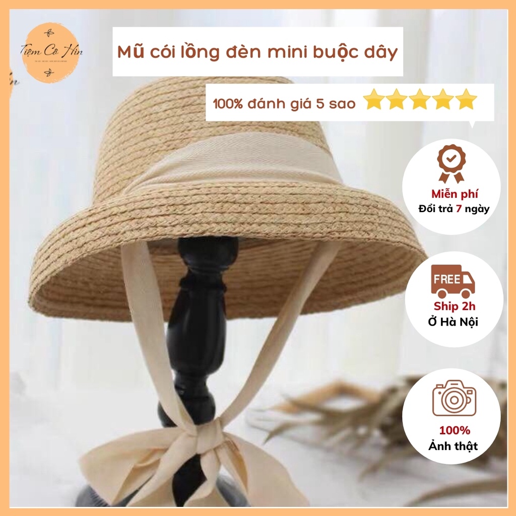 Mũ cói lồng đèn mini cói raffia buộc dây kiểu dáng thanh lịch phù hợp đi biển, chụp ảnh ship trong 1h