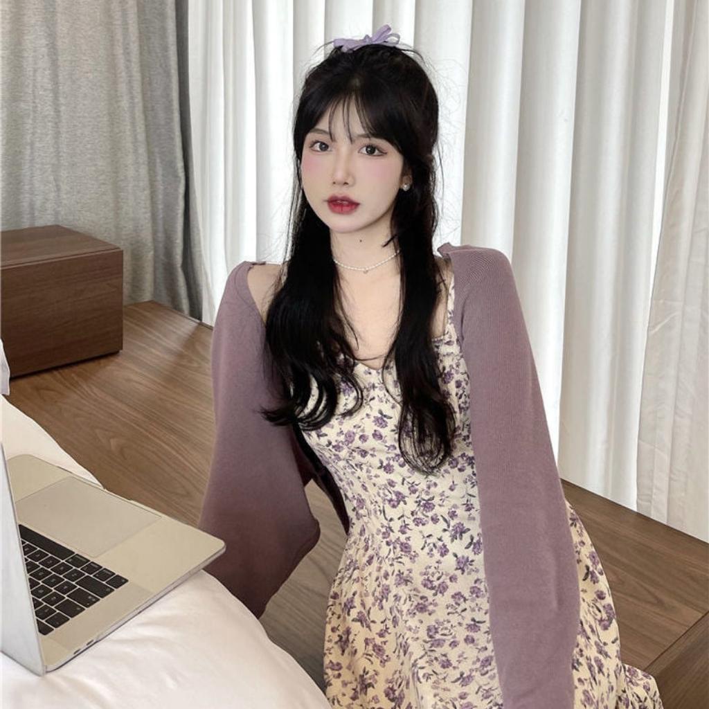 Đầm Váy 2 Dây Hoa Nhí Bèo Nhún Kèm Áo Khoác Cardigan Cùng Màu Đủ Size Thích Hợp Cho Nữ