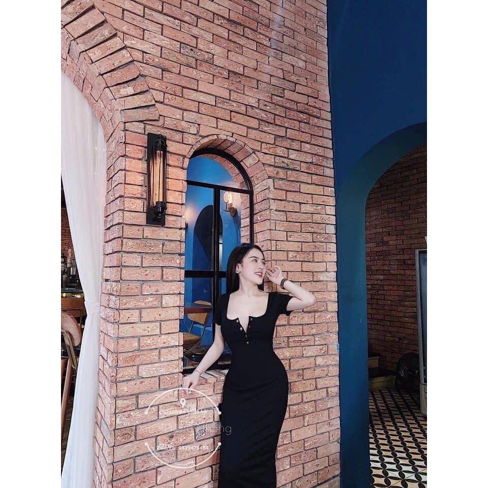 Đầm body nữ váy body cổ vuông tay ngắn phối cúc ngực sexy hàng thiết kế | BigBuy360 - bigbuy360.vn