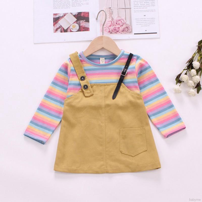 Babyme Autumn Baby Girls Rainbow Stripe Print Long Sleeve Fake 2 Piece Dress Kids Princess Dresses