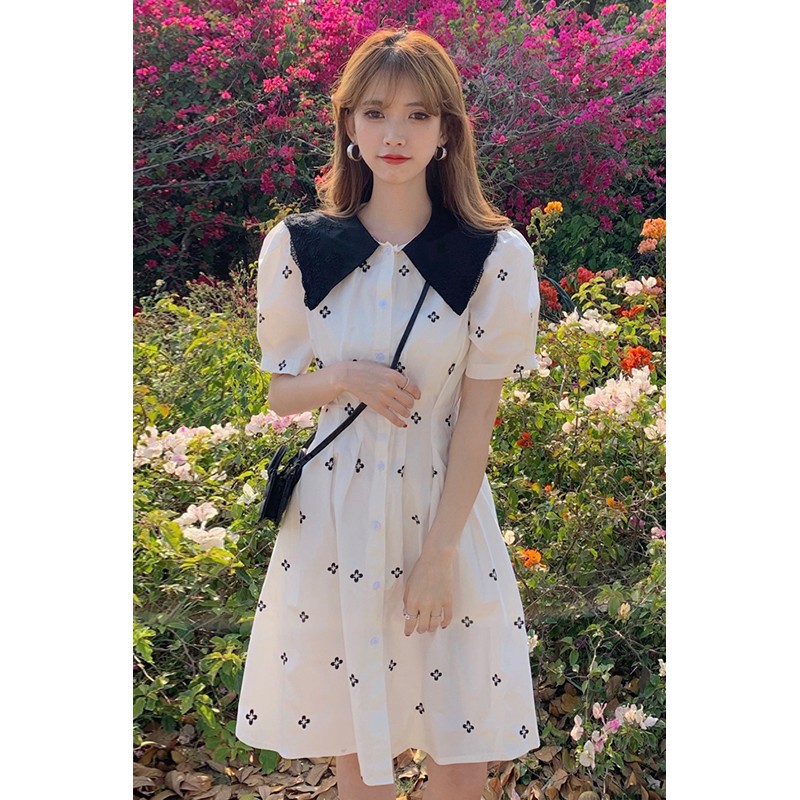 Váy hoa tay phồng chiết eo xếp ly cổ búp bê kiểu dáng Hàn Quốc (Order)
