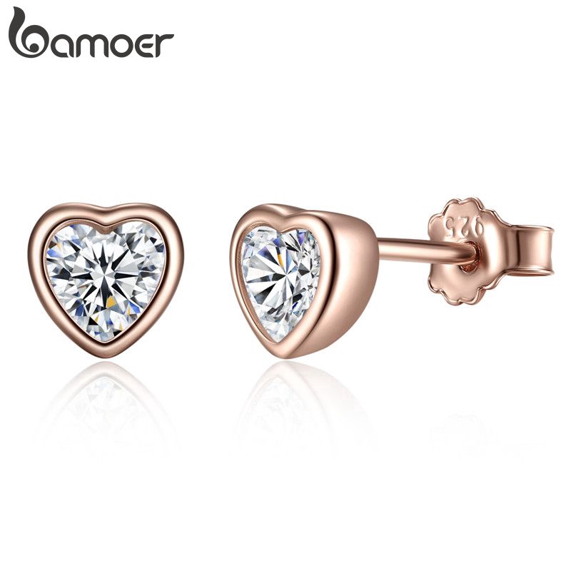 Bông Tai Bamoer PAS452 Hình Trái Tim Mạ Vàng Hồng Đính Đá Zircon Cho Nữ