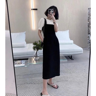 Đầm yếm liền midi phối 2 màu trắng be V2740 Aholic