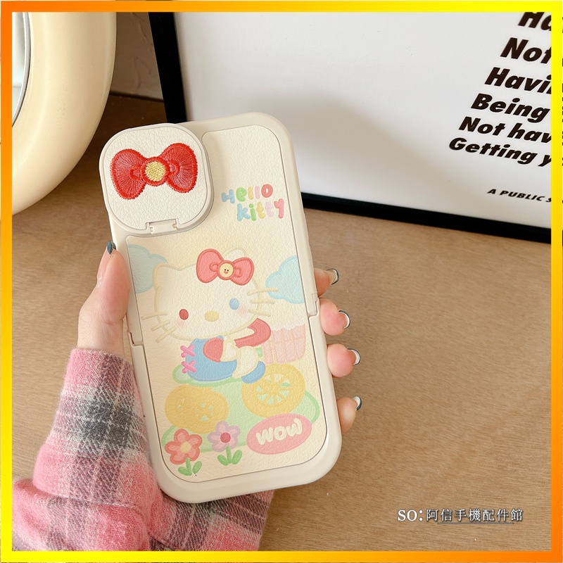 Ốp Điện Thoại Da Chống Sốc Có Gương Trang Điểm Hình Mèo Hello Kitty Cho iPhone14plus 13pro max 12 11
