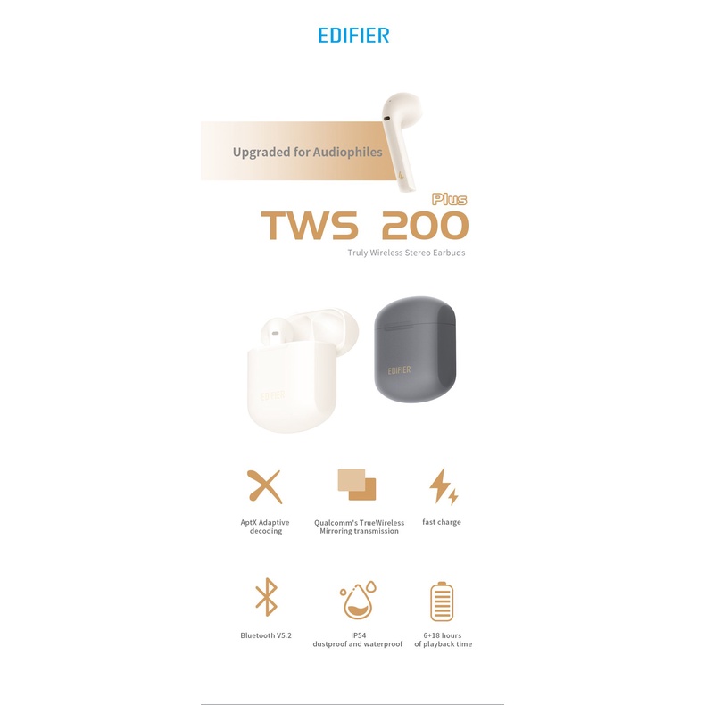 EDIFIER TWS200plus Tai nghe bluetooth không dây chính hãng Trong tai có micrô Giảm tiếng ồn Loa siêu trầm Chống bụi và c