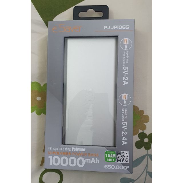 Pin sạc dự phòng Esaver 10000mah Jp106s 2.4A đèn pin Full Box
