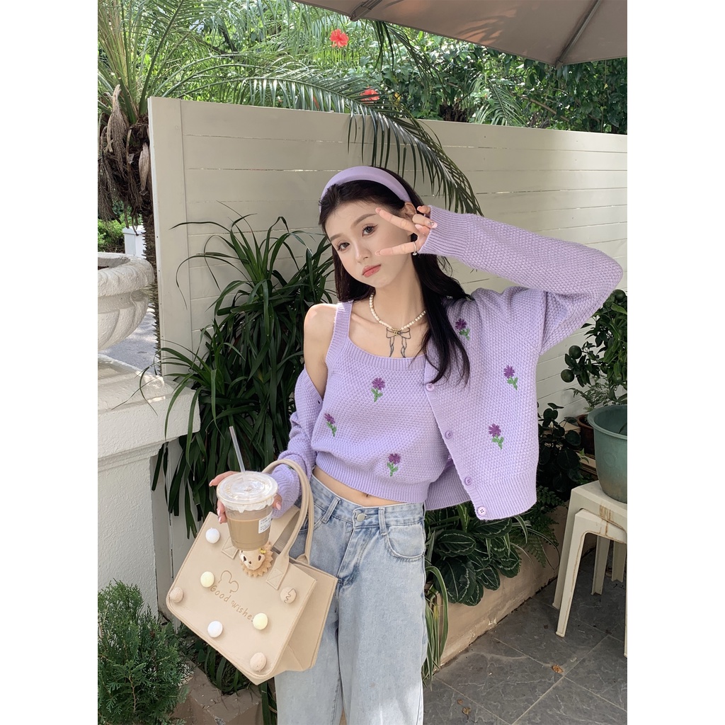 Bộ Áo Hai Dây Thêu Hoa + Áo Khoác Cardigan Dệt Kim Ngắn Thời Trang Hàn Quốc Cho Nữ