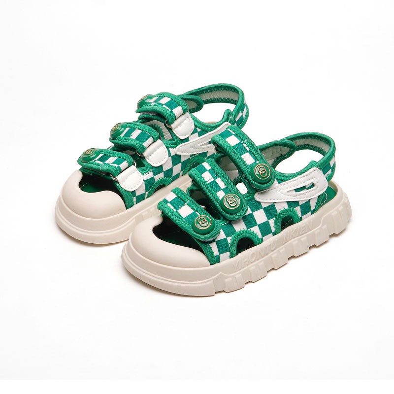 Sandal cho bé trai bé gái 3 quai họa tiết caro xanh trend của năm S002TXANH