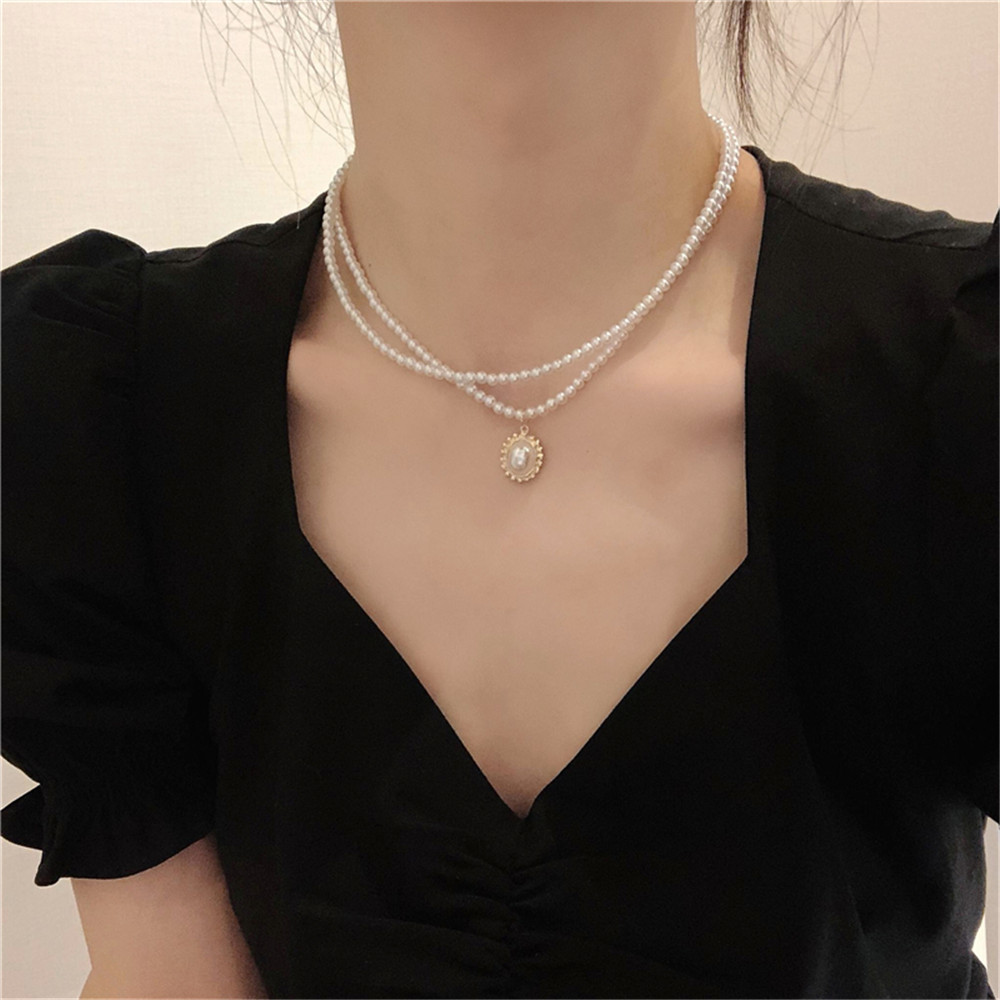 Vòng cổ choker kết hạt ngọc trai giả thiết kế 2 lớp phong cách retro sành điệu