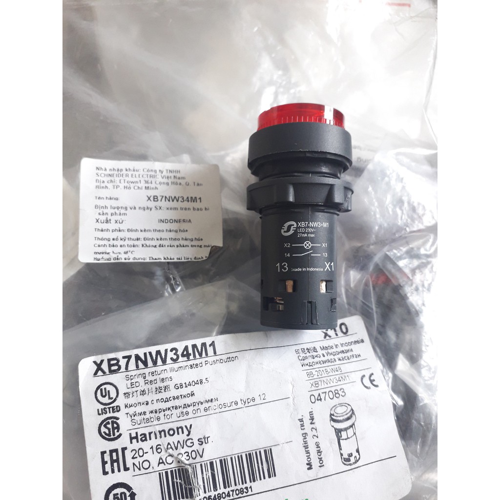 Nút nhấn có đèn XB7NW34M1 Schneider , phi 22mm, Đèn màu đỏ 220V