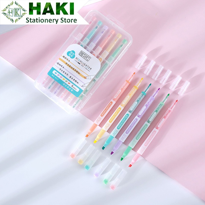 Bút dạ quang HAKI, bút đánh dấu hai đầu nhiều màu macaron nhớ dòng nhấn dòng highlighter dụng cụ văn phòng phẩm B17