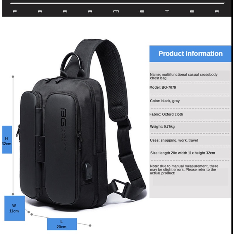 BANGE Túi Đeo Chéo Ngực Vải Oxford Chống Nước Có Cổng Sạc USB Cho Nam