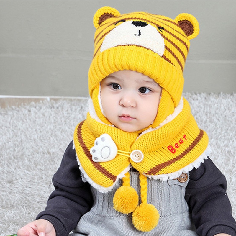 Set 2 Mũ Dệt Kim Mềm Giữ Ấm Mùa Thu Đông In Họa Tiết Gấu Dễ Thương Cho Bé Trai + Gái