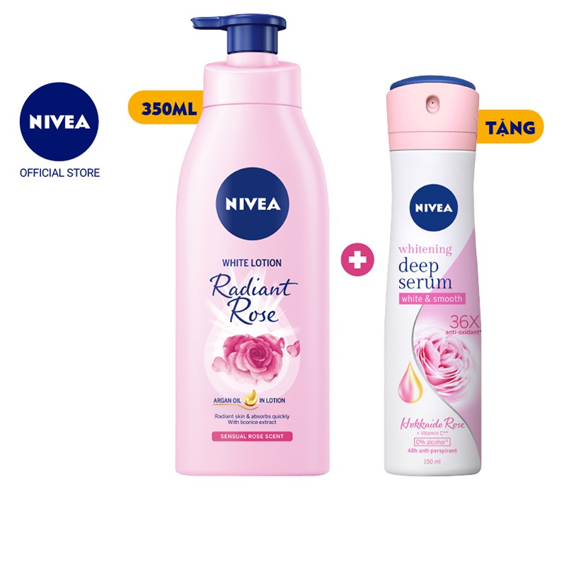 Sữa dưỡng thể Nivea dưỡng trắng hương hoa hồng 350ml (85707) + TẶNG Xịt serum ngăn mùi Nivea 150ml (85304) - 101057474