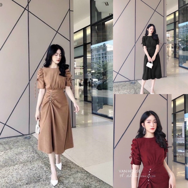 Đầm Bigsize Tay Rút Eo Đính Cườm (Bigsize 55kg Đến 100kg (M/L/XL/XXL)