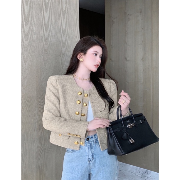 Áo dạ tweed trơn cổ tròn túi nắp, 2 hàng cúc vàng lệch 1 bên nổi bật (có ảnh thật)