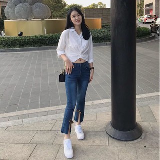 Quần Jeans ống loe cách điệu JEANSLA Xanh sẫm nhẹ họa tiết xẻ tà gấu, thắt nơ mix đồ sang chảnh, dịu dàng [#QJL4]