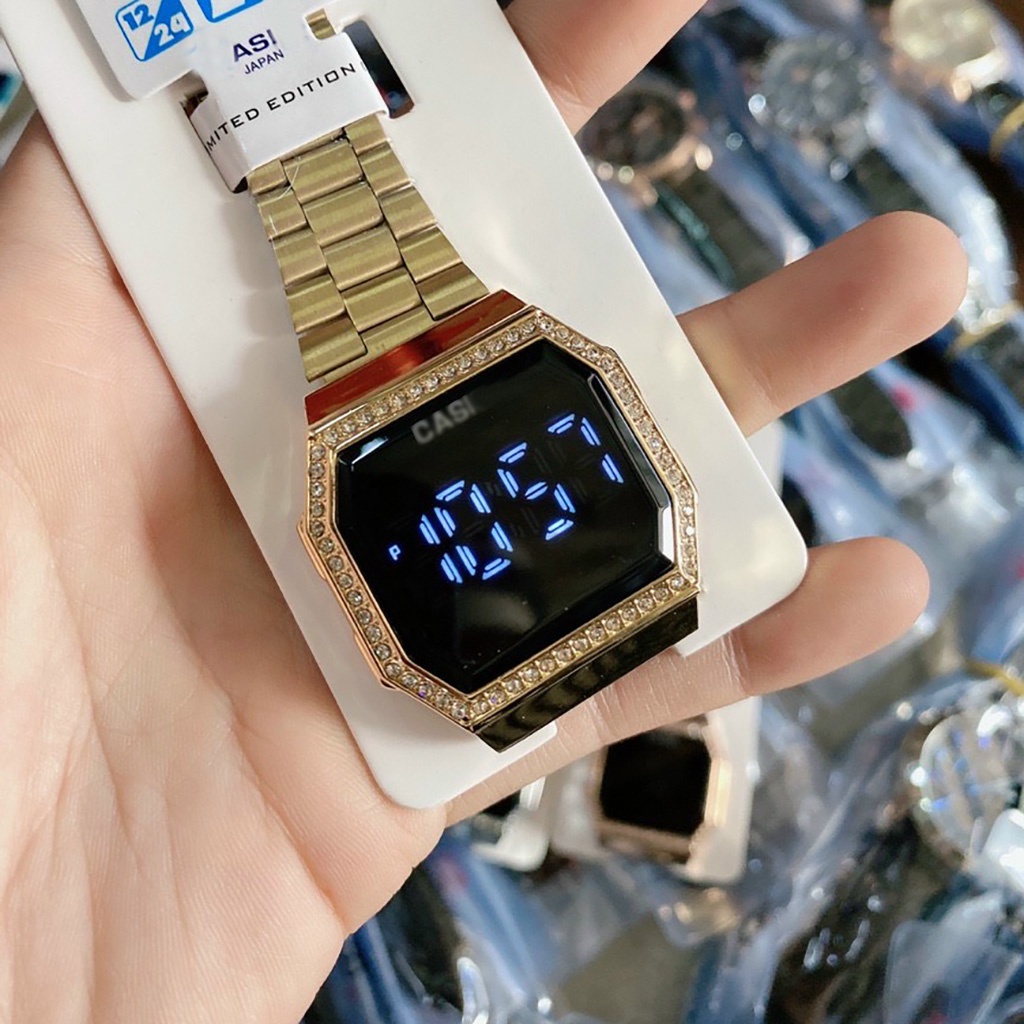 Đồng hồ nam nữ LED cảm ứng viền đá cao cấp dây thép không gỉ sang trọng unisex
