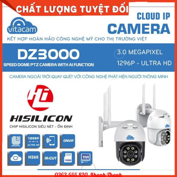 Camera IP Wifi VITACAM DZ3000 độ phân giải 3.0mpx/4.0mpx chất lượng hình ảnh Ultra HD 1296P