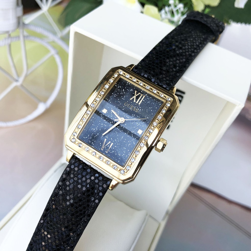 Đồng Hồ Nữ Guess Croc Embossed Mặt Chữ Nhật Dây Da Nhũ Màu Đen U0841L1M