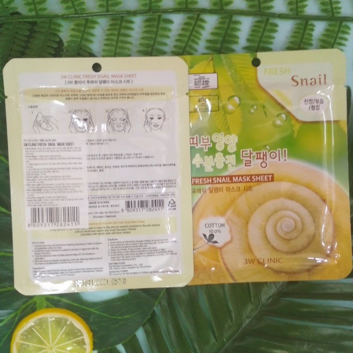 10 Mặt Nạ dưỡng da thiên nhiên Ốc sên Mỹ Phẩm chăm sóc CHÍNH HÃNG Hàn Quốc 3W Clinic Fresh Snail Mask Ssheet