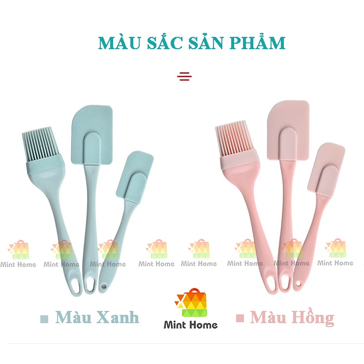 Bộ dụng cụ làm bánh 3 món silicon gồm chổi cọ quét dầu ăn, spatula trộn bột, phới dẹt silicone đánh trứng kem chịu nhiệt