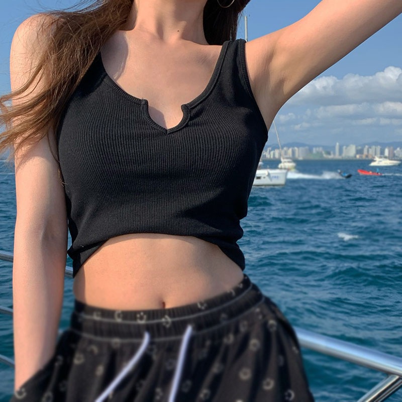 Áo Croptop Hai Dây Cổ Chữ V Màu Sắc Trơn Có Miếng Đệm Ngực Phong Cách Hàn Quốc Dành Cho Nữ