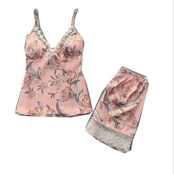 (Có size, túi zip) Bộ mặc nhà 2 dây lụa Quảng Châu cổ V / bộ ngủ 2 dây lụa pha ren hoạ tiết Tropical