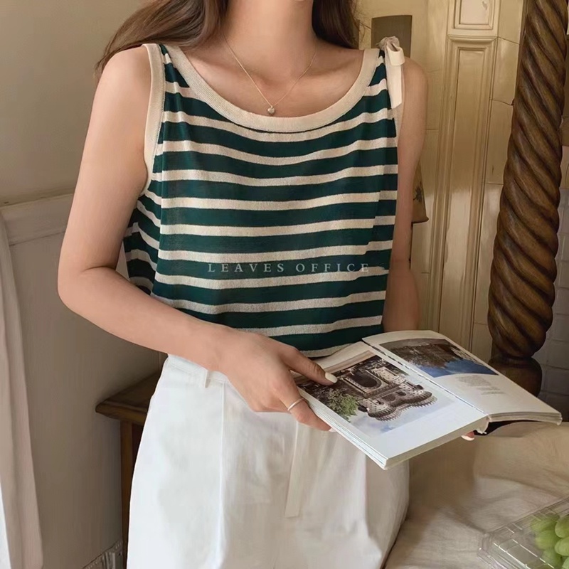 Áo sát nách SUXI dáng ôm kẻ sọc kiểu vintage thời trang mùa hè cho nữ