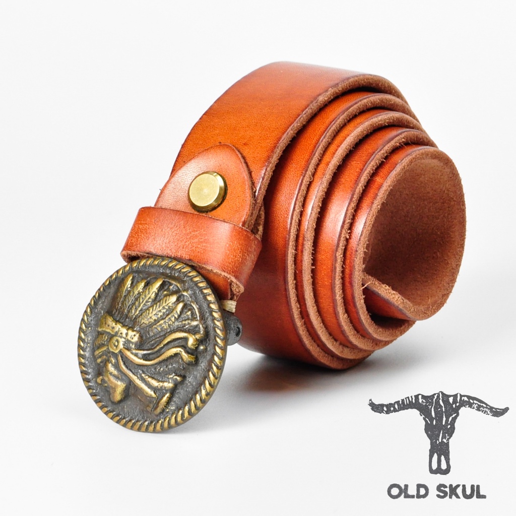 Dây thắt lưng nam da bò veg bản 34mm, khóa bập đồng thau đúc đặc hình thổ dân da đỏ kiểu cổ xưa cực chất DL199