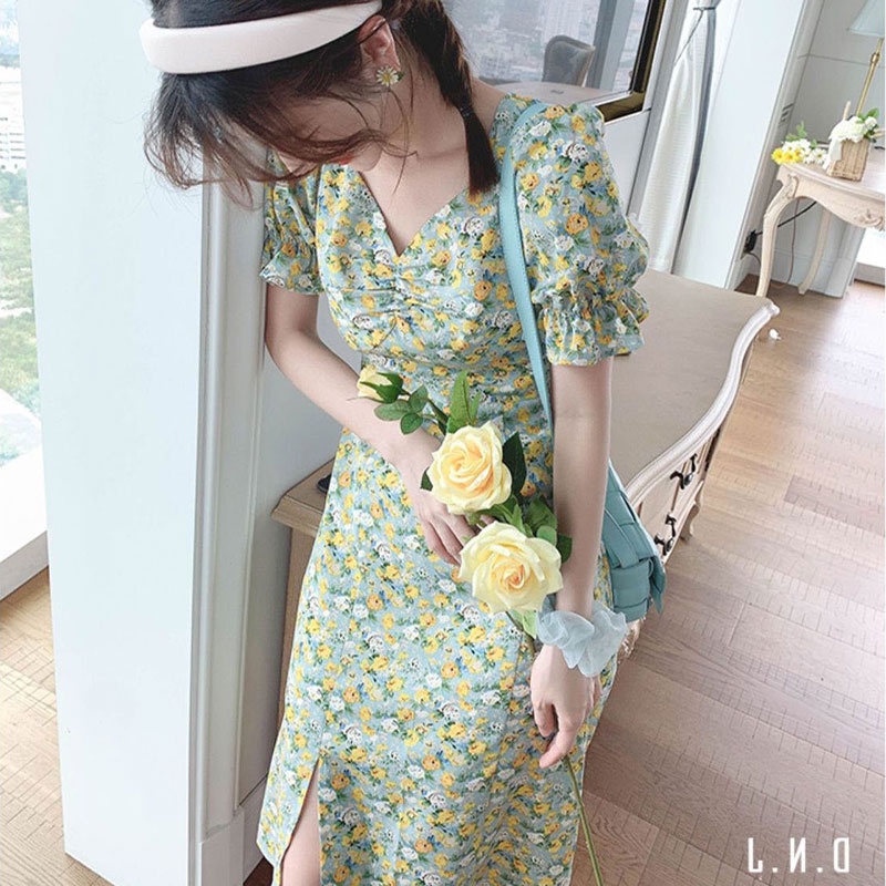 Đầm hoa XINLANYASHE dáng ôm phong cách Hàn Quốc thời trang cho nữ