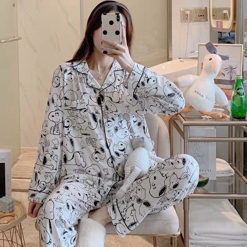 Bộ Ngủ Pijama Nữ Dáng Dài Mặc Nhà Chó, Cún Trắng Thu Đông Kate Form Rông