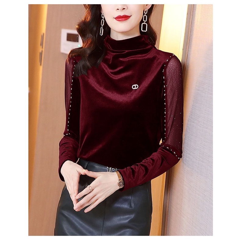 Áo Thun Tay Dài Cổ Lọ Vải Nhung Phối Lưới Màu Đen Đính Hạt Thời Trang Mùa Thu Cho Bạn Gái