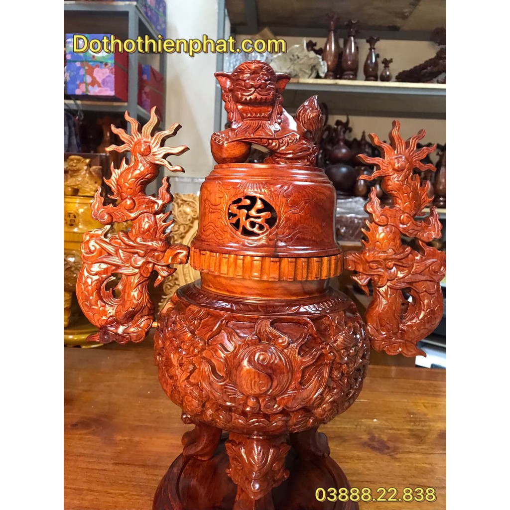 Đỉnh gỗ hương gia lai cao 53cm trạm tay loại 1 rất đẹp