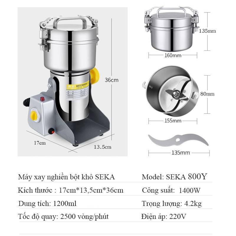 Máy xay bột khô đa năng SEKA 800Y - Máy nghiền đồ khô, ngũ cốc E500 chất liệu INOX 304 cỡ siêu lớn công suất 1400W