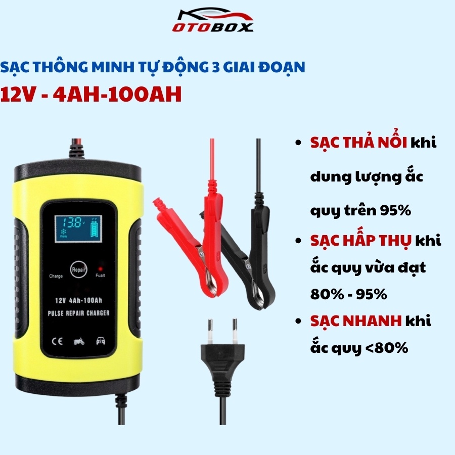 sạc bình ắc quy 12v xe máy ô tô 100ah foxsur tự ngắt khi đầy, máy sạc bình acquy tự động chống ngược cực
