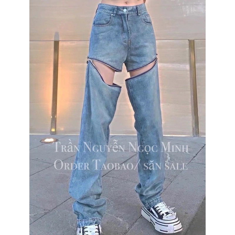 Quần jeans dài suông kéo khoá ngang đùi 2in1 hot trend tiktok ulzzang cực đỉnh kèm ảnh thật