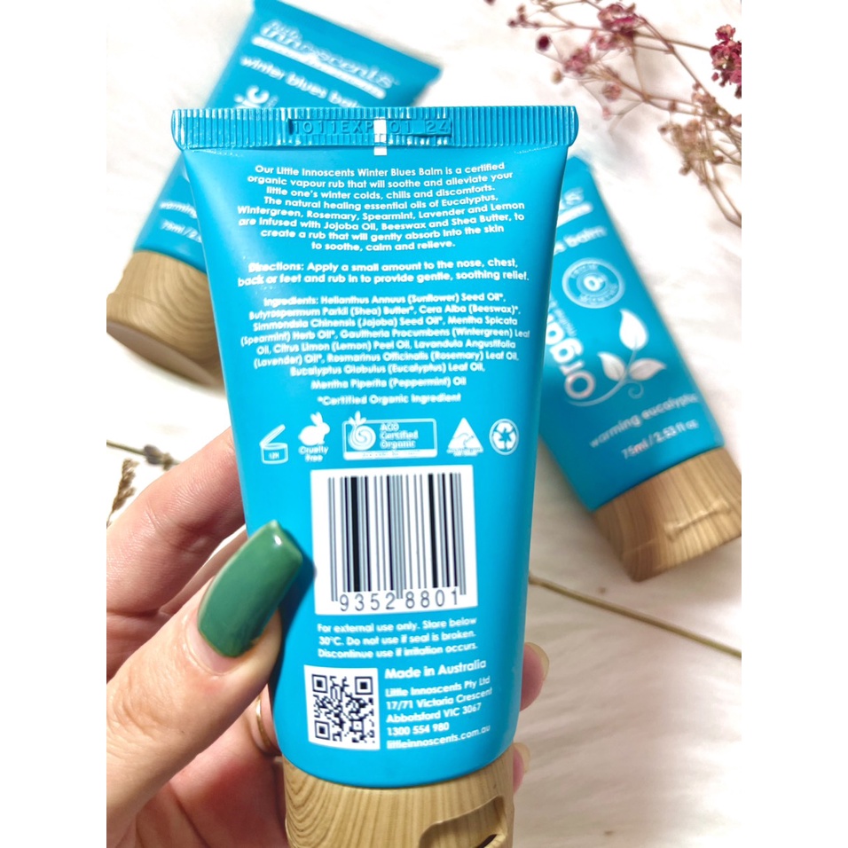 Dầu bôi ấm ngực phòng ngừa cảm cúm,giảm ho,nghẹt mũi từ Khuynh Diệp Little Innoscents winter blue balm Úc