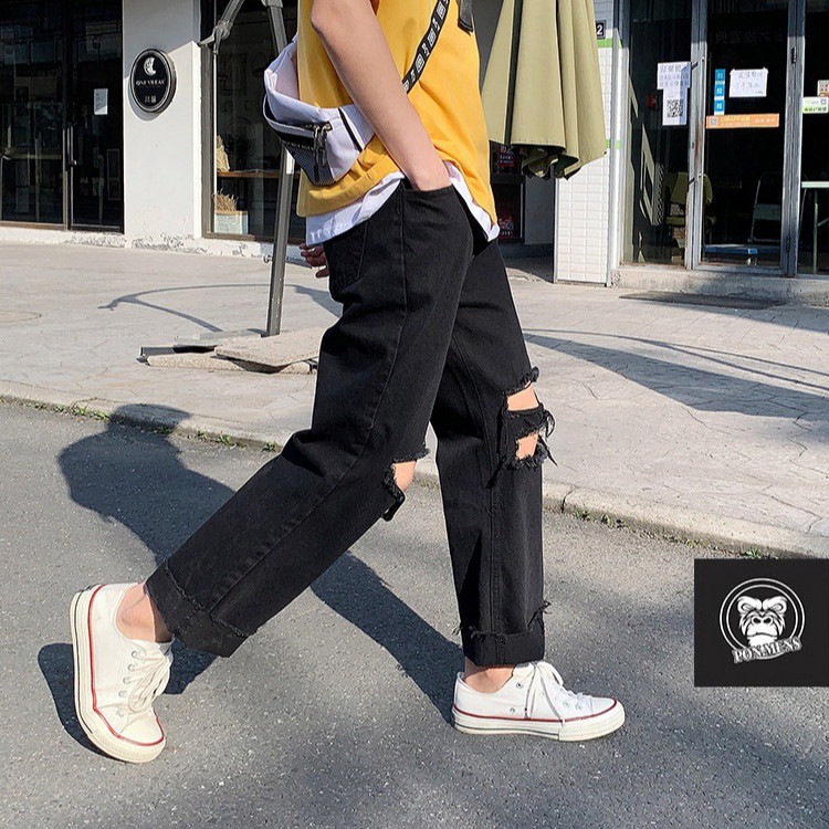 [sale xả kho] Quần jean baggy nam nữ ống rộng rách gối màu đen mới 2021