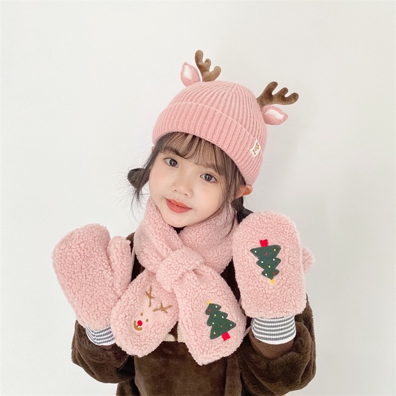 Set mũ len, găng tay kèm khăn quàng cổ cây thông noel ấm áp vừa đông cho bé