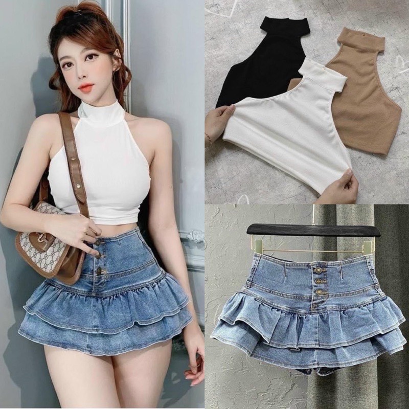 Set áo thun cổ lọ sát tay croptop mix chân váy jean đuôi cá 2 tầng đính nút phong cách kool ngầu siêu chất LL